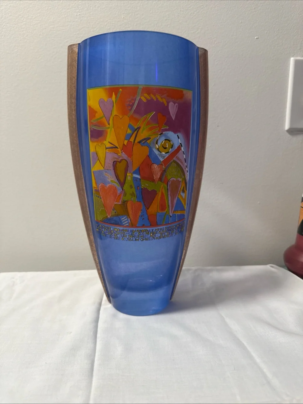 Goebel Blue Glass Vase with Multicolor Heart Motif signed MARA! 30cm tall